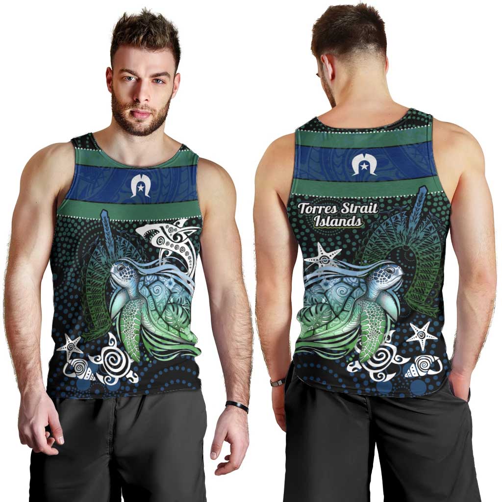 Torres Strait Islands Sea Turtle and Dhari Men Tank Top Oceanic Indigenous Dotwork Tribal Illustration