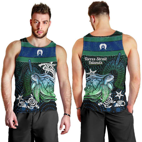 Torres Strait Islands Sea Turtle and Dhari Men Tank Top Oceanic Indigenous Dotwork Tribal Illustration