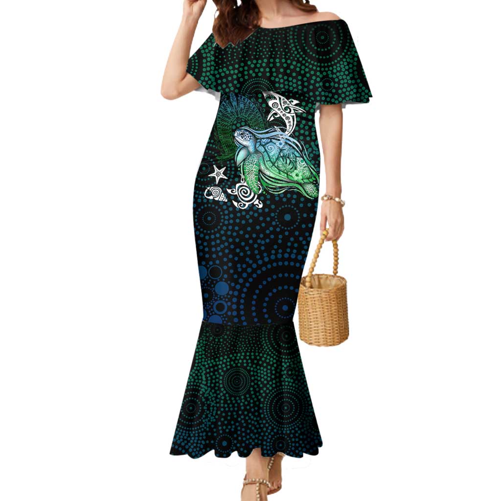Torres Strait Islands Sea Turtle and Dhari Mermaid Dress Oceanic Indigenous Dotwork Tribal Illustration