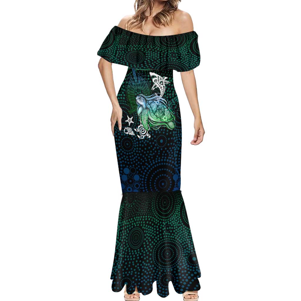 Torres Strait Islands Sea Turtle and Dhari Mermaid Dress Oceanic Indigenous Dotwork Tribal Illustration