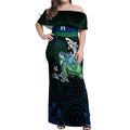 Torres Strait Islands Sea Turtle and Dhari Off Shoulder Maxi Dress Oceanic Indigenous Dotwork Tribal Illustration