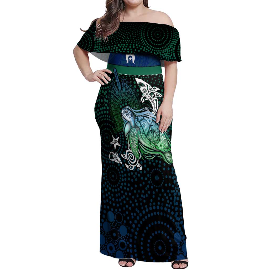 Torres Strait Islands Sea Turtle and Dhari Off Shoulder Maxi Dress Oceanic Indigenous Dotwork Tribal Illustration
