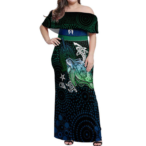 Torres Strait Islands Sea Turtle and Dhari Off Shoulder Maxi Dress Oceanic Indigenous Dotwork Tribal Illustration