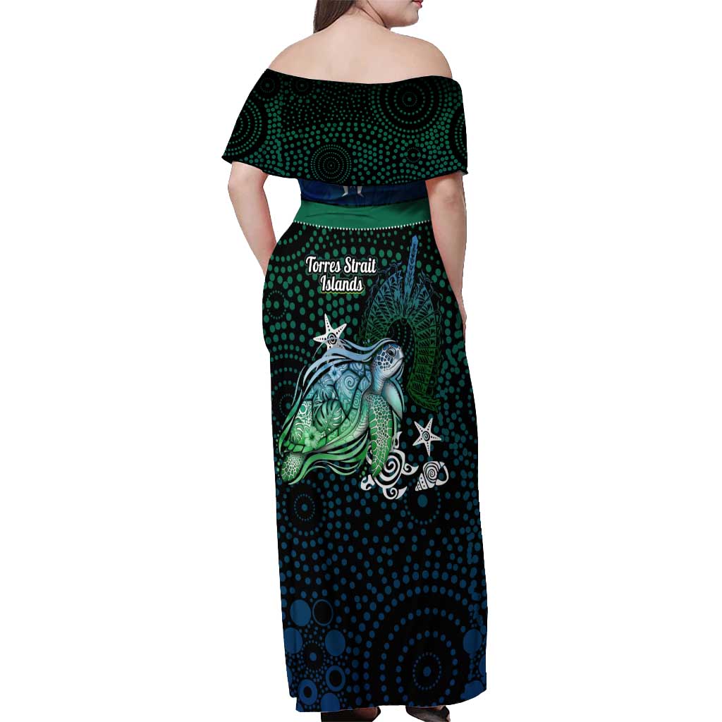 Torres Strait Islands Sea Turtle and Dhari Off Shoulder Maxi Dress Oceanic Indigenous Dotwork Tribal Illustration