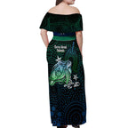 Torres Strait Islands Sea Turtle and Dhari Off Shoulder Maxi Dress Oceanic Indigenous Dotwork Tribal Illustration