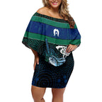 Torres Strait Islands Sea Turtle and Dhari Off Shoulder Short Dress Oceanic Indigenous Dotwork Tribal Illustration
