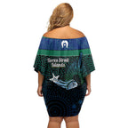 Torres Strait Islands Sea Turtle and Dhari Off Shoulder Short Dress Oceanic Indigenous Dotwork Tribal Illustration