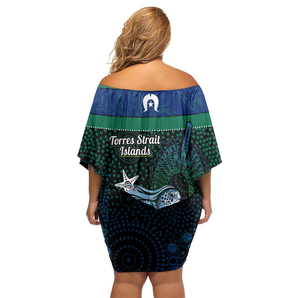 Torres Strait Islands Sea Turtle and Dhari Off Shoulder Short Dress Oceanic Indigenous Dotwork Tribal Illustration