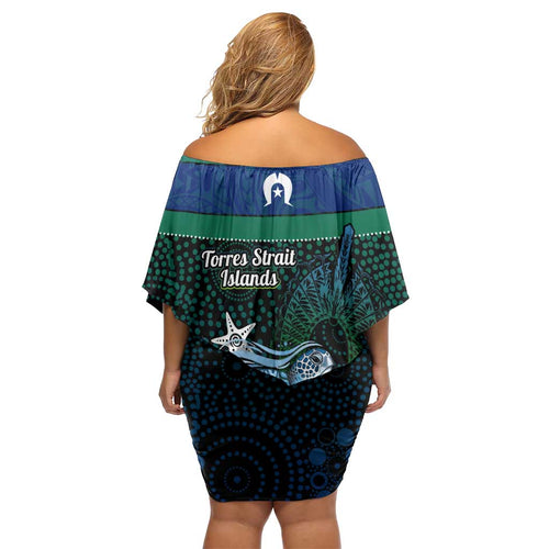 Torres Strait Islands Sea Turtle and Dhari Off Shoulder Short Dress Oceanic Indigenous Dotwork Tribal Illustration