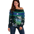 Torres Strait Islands Sea Turtle and Dhari Off Shoulder Sweater Oceanic Indigenous Dotwork Tribal Illustration