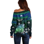 Torres Strait Islands Sea Turtle and Dhari Off Shoulder Sweater Oceanic Indigenous Dotwork Tribal Illustration