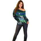 Torres Strait Islands Sea Turtle and Dhari Off Shoulder Sweater Oceanic Indigenous Dotwork Tribal Illustration