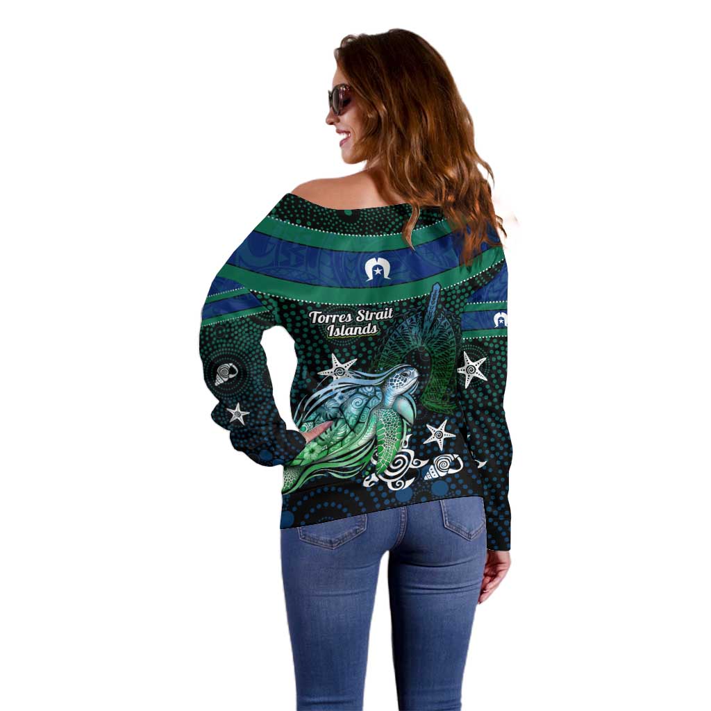 Torres Strait Islands Sea Turtle and Dhari Off Shoulder Sweater Oceanic Indigenous Dotwork Tribal Illustration