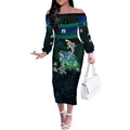 Torres Strait Islands Sea Turtle and Dhari Off The Shoulder Long Sleeve Dress Oceanic Indigenous Dotwork Tribal Illustration