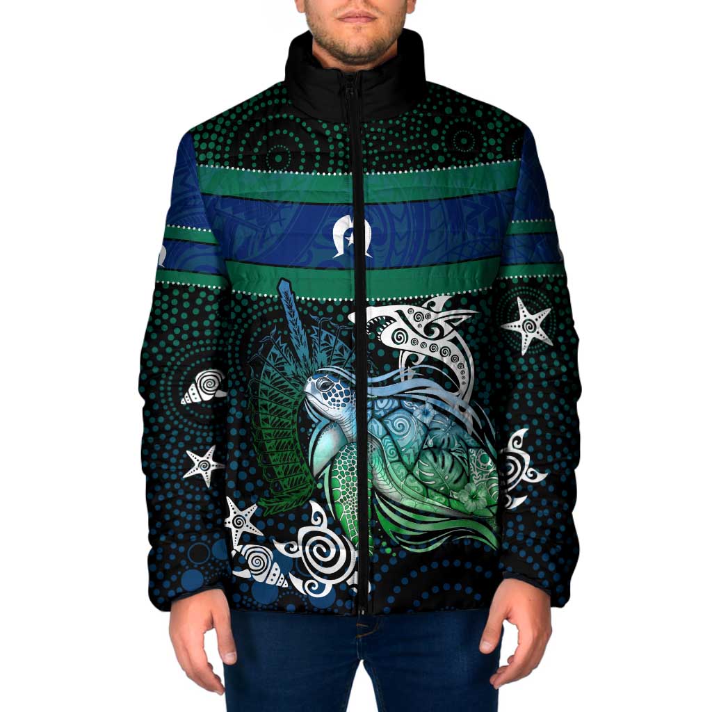 Torres Strait Islands Sea Turtle and Dhari Padded Jacket Oceanic Indigenous Dotwork Tribal Illustration