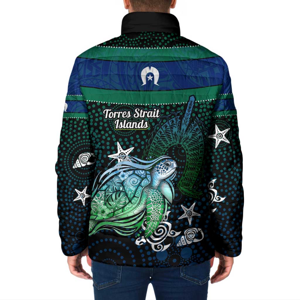 Torres Strait Islands Sea Turtle and Dhari Padded Jacket Oceanic Indigenous Dotwork Tribal Illustration