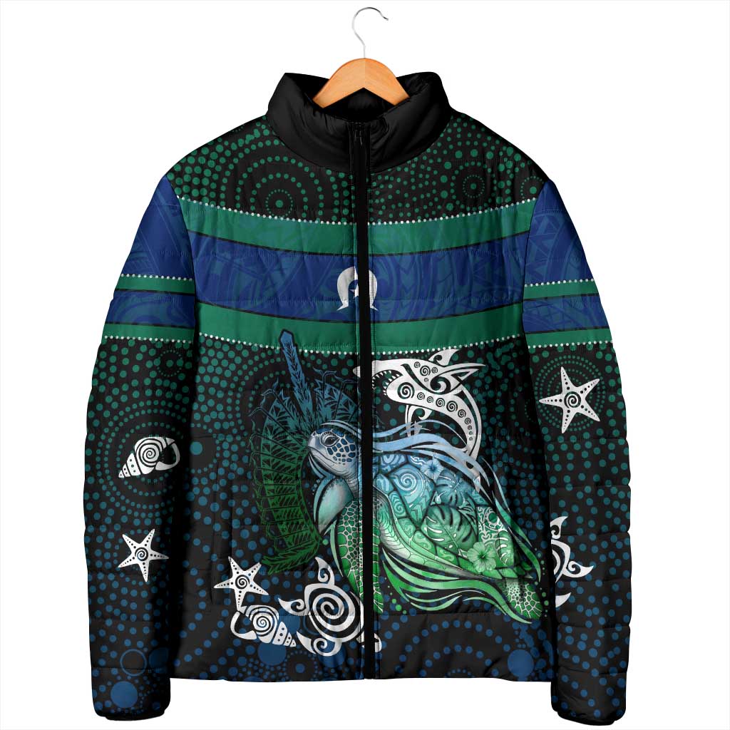 Torres Strait Islands Sea Turtle and Dhari Padded Jacket Oceanic Indigenous Dotwork Tribal Illustration