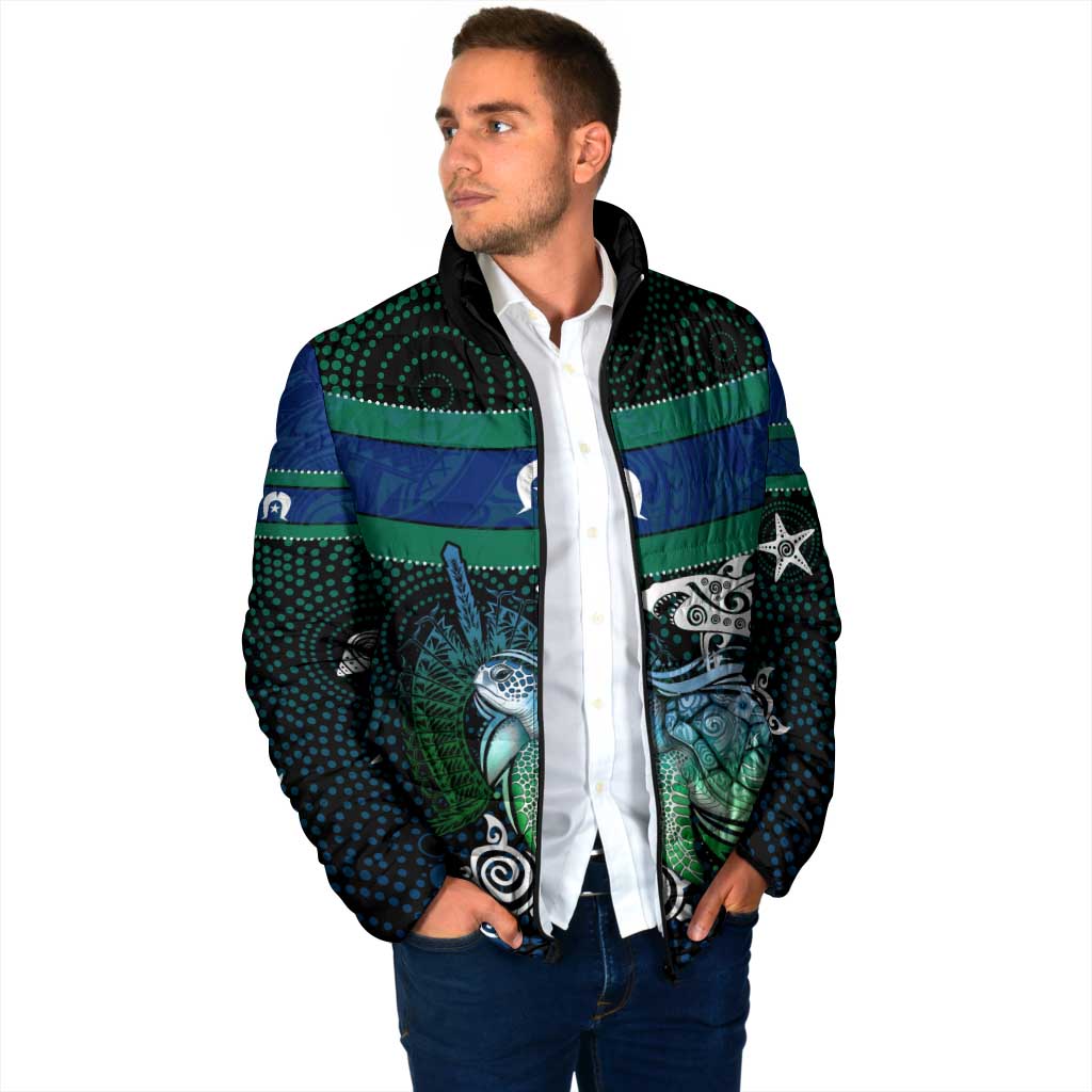 Torres Strait Islands Sea Turtle and Dhari Padded Jacket Oceanic Indigenous Dotwork Tribal Illustration
