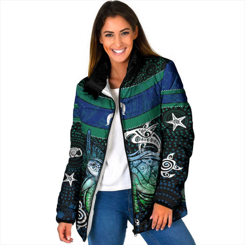 Torres Strait Islands Sea Turtle and Dhari Padded Jacket Oceanic Indigenous Dotwork Tribal Illustration