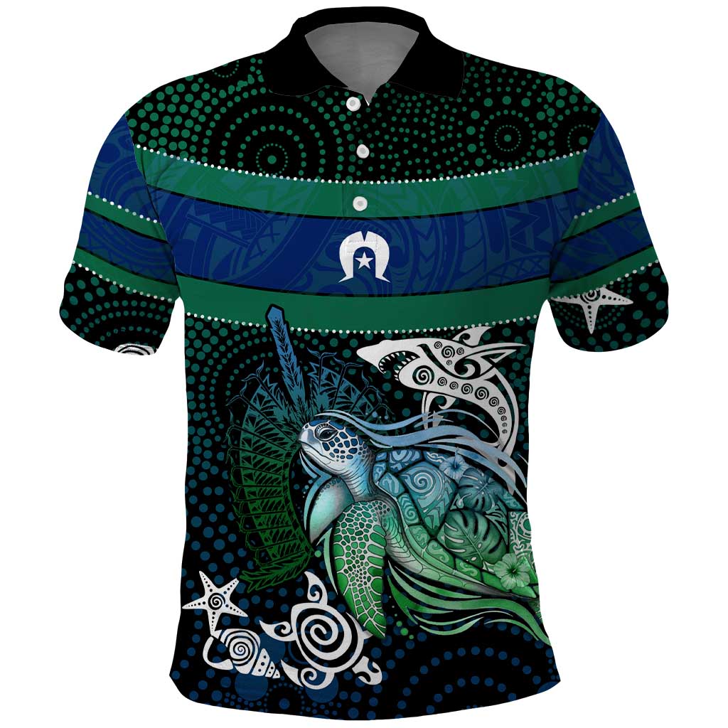 Torres Strait Islands Sea Turtle and Dhari Polo Shirt Oceanic Indigenous Dotwork Tribal Illustration