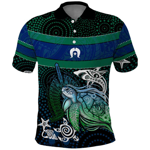 Torres Strait Islands Sea Turtle and Dhari Polo Shirt Oceanic Indigenous Dotwork Tribal Illustration