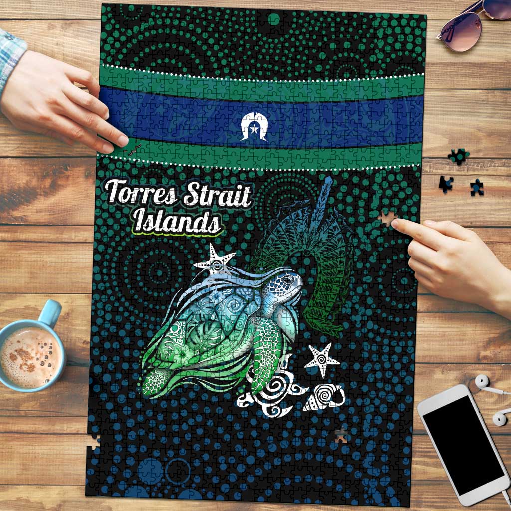 Torres Strait Islands Sea Turtle and Dhari Puzzle Oceanic Indigenous Dotwork Tribal Illustration