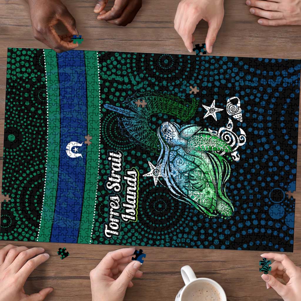 Torres Strait Islands Sea Turtle and Dhari Puzzle Oceanic Indigenous Dotwork Tribal Illustration