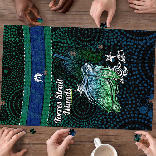 Torres Strait Islands Sea Turtle and Dhari Puzzle Oceanic Indigenous Dotwork Tribal Illustration