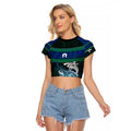 Torres Strait Islands Sea Turtle and Dhari Raglan Cropped T Shirt Oceanic Indigenous Dotwork Tribal Illustration