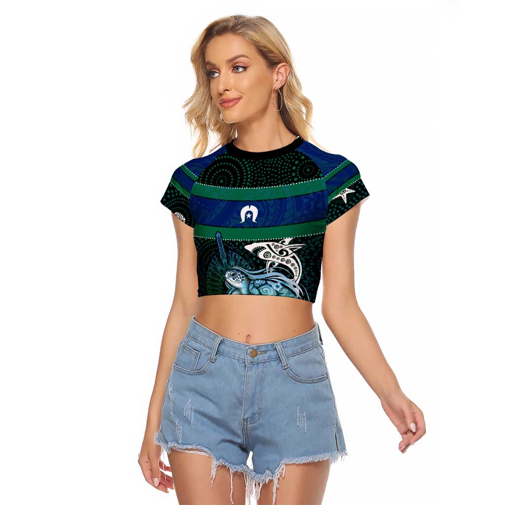 Torres Strait Islands Sea Turtle and Dhari Raglan Cropped T Shirt Oceanic Indigenous Dotwork Tribal Illustration