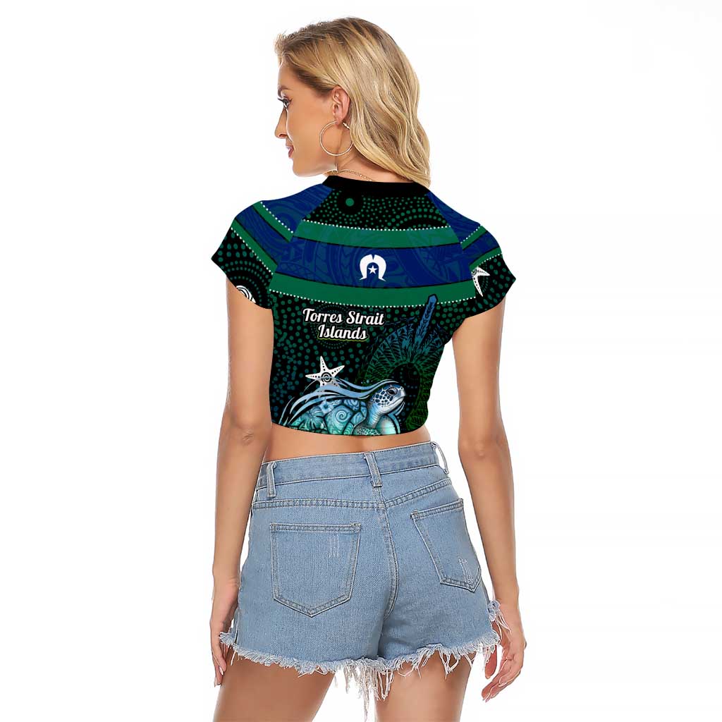 Torres Strait Islands Sea Turtle and Dhari Raglan Cropped T Shirt Oceanic Indigenous Dotwork Tribal Illustration