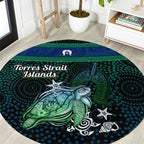 Torres Strait Islands Sea Turtle and Dhari Round Carpet Oceanic Indigenous Dotwork Tribal Illustration
