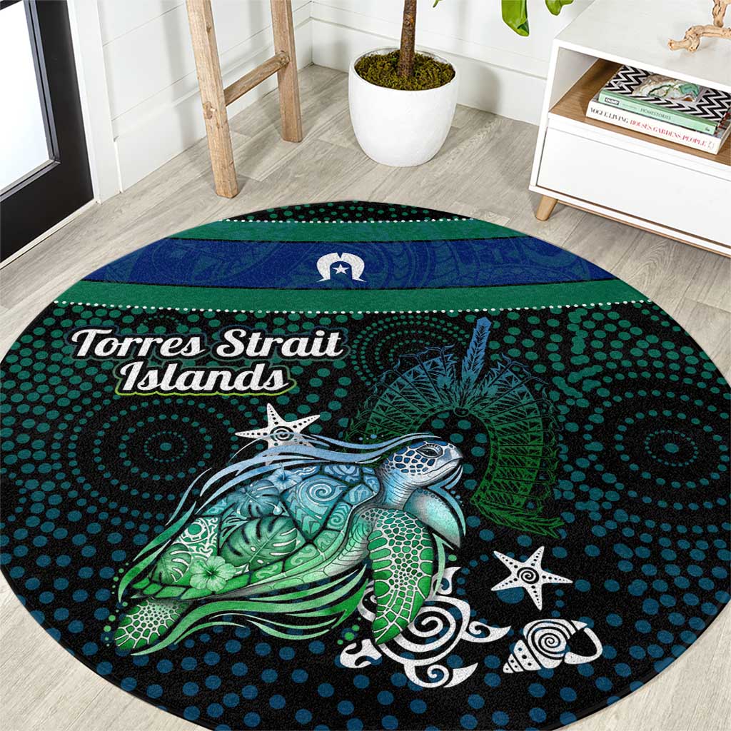 Torres Strait Islands Sea Turtle and Dhari Round Carpet Oceanic Indigenous Dotwork Tribal Illustration