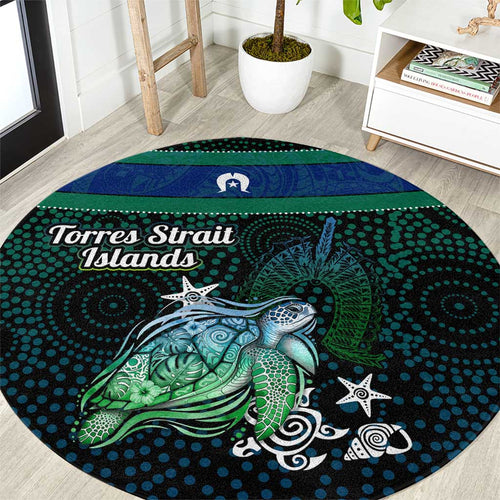 Torres Strait Islands Sea Turtle and Dhari Round Carpet Oceanic Indigenous Dotwork Tribal Illustration