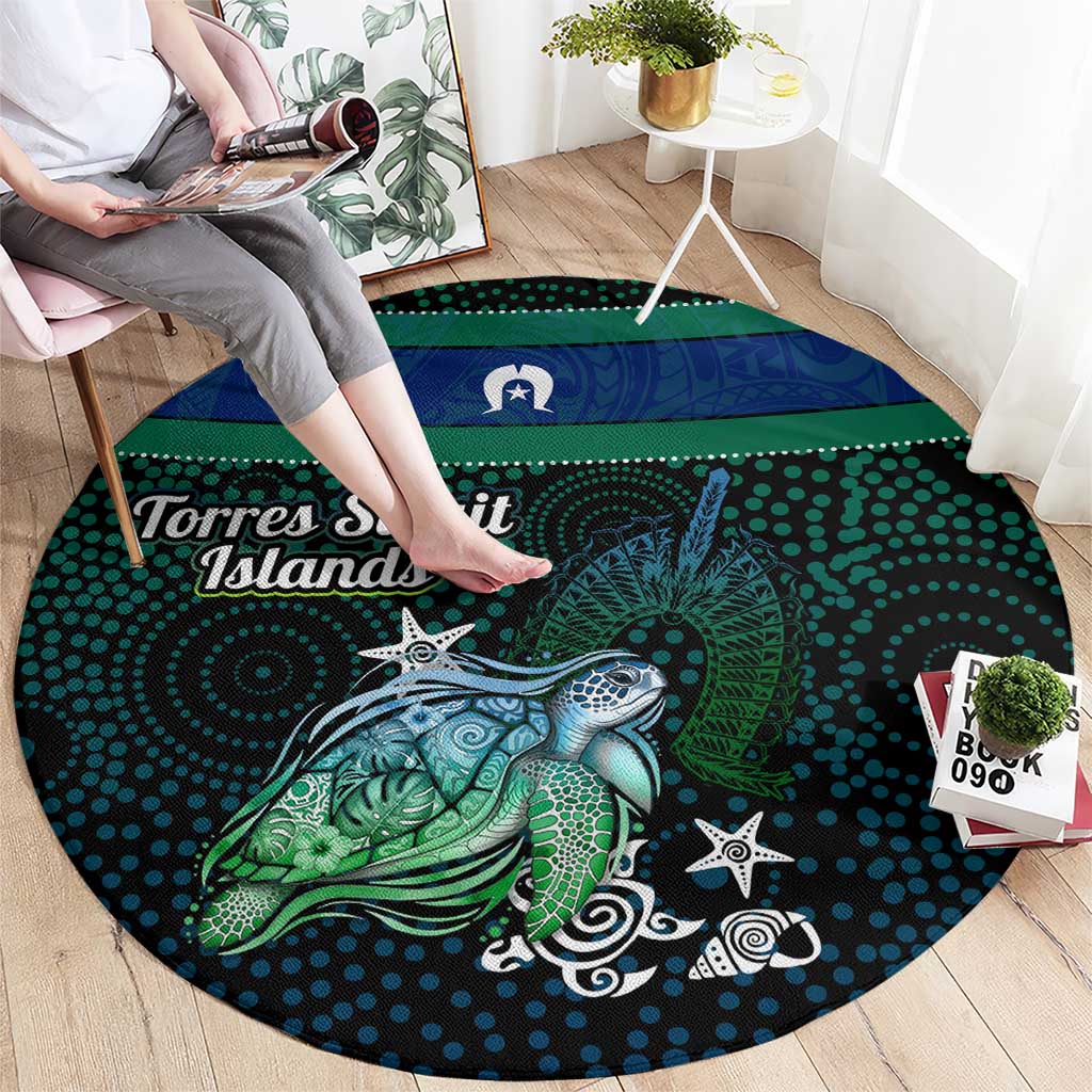 Torres Strait Islands Sea Turtle and Dhari Round Carpet Oceanic Indigenous Dotwork Tribal Illustration