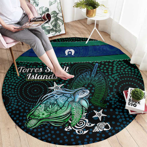 Torres Strait Islands Sea Turtle and Dhari Round Carpet Oceanic Indigenous Dotwork Tribal Illustration