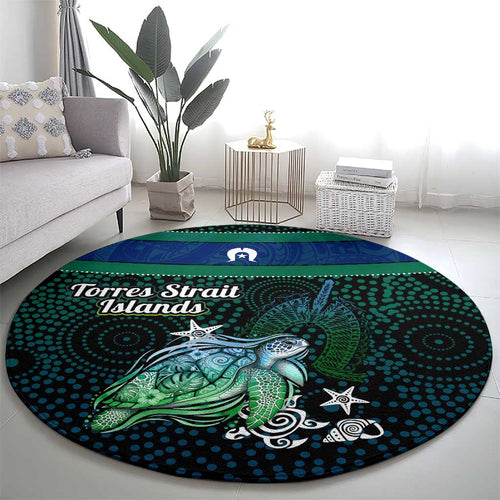 Torres Strait Islands Sea Turtle and Dhari Round Carpet Oceanic Indigenous Dotwork Tribal Illustration