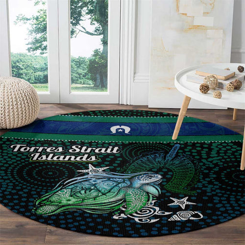 Torres Strait Islands Sea Turtle and Dhari Round Carpet Oceanic Indigenous Dotwork Tribal Illustration