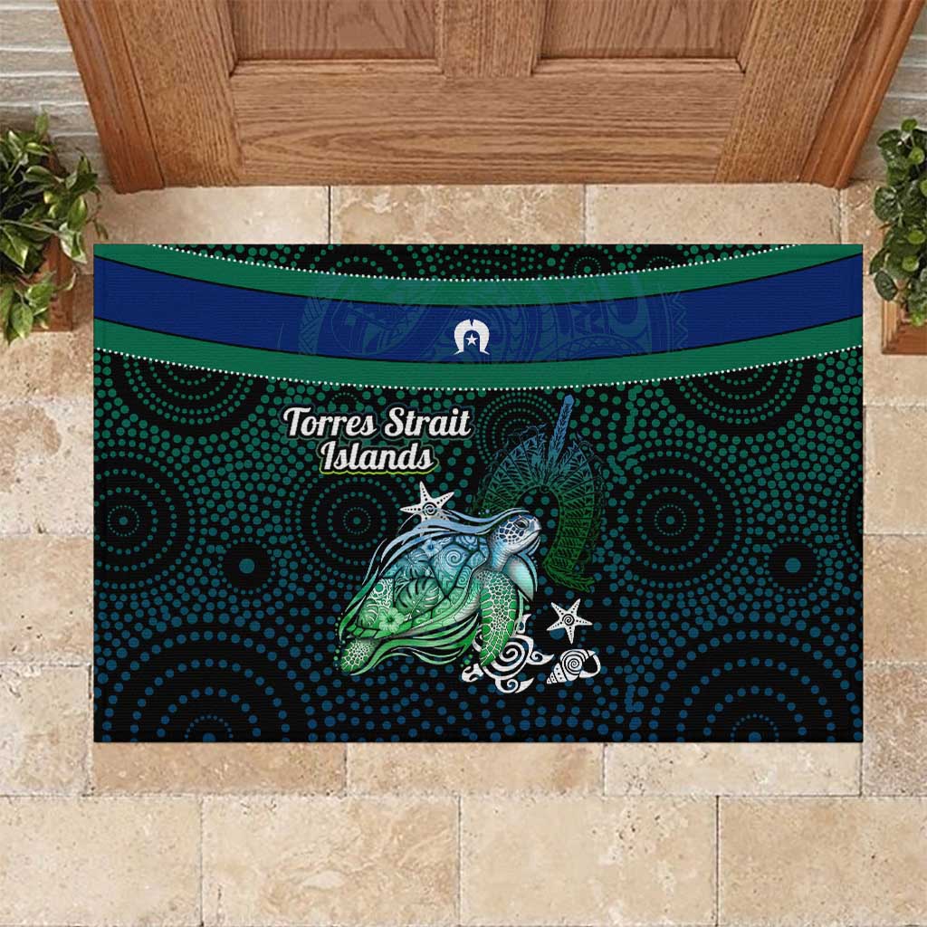 Torres Strait Islands Sea Turtle and Dhari Rubber Doormat Oceanic Indigenous Dotwork Tribal Illustration