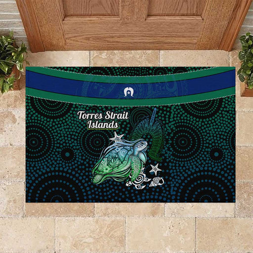 Torres Strait Islands Sea Turtle and Dhari Rubber Doormat Oceanic Indigenous Dotwork Tribal Illustration