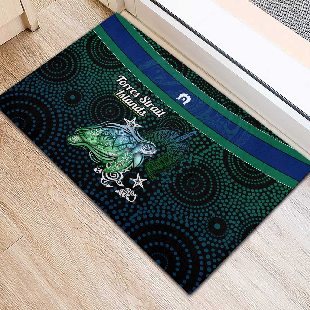 Torres Strait Islands Sea Turtle and Dhari Rubber Doormat Oceanic Indigenous Dotwork Tribal Illustration