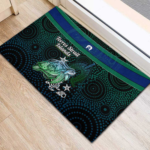 Torres Strait Islands Sea Turtle and Dhari Rubber Doormat Oceanic Indigenous Dotwork Tribal Illustration