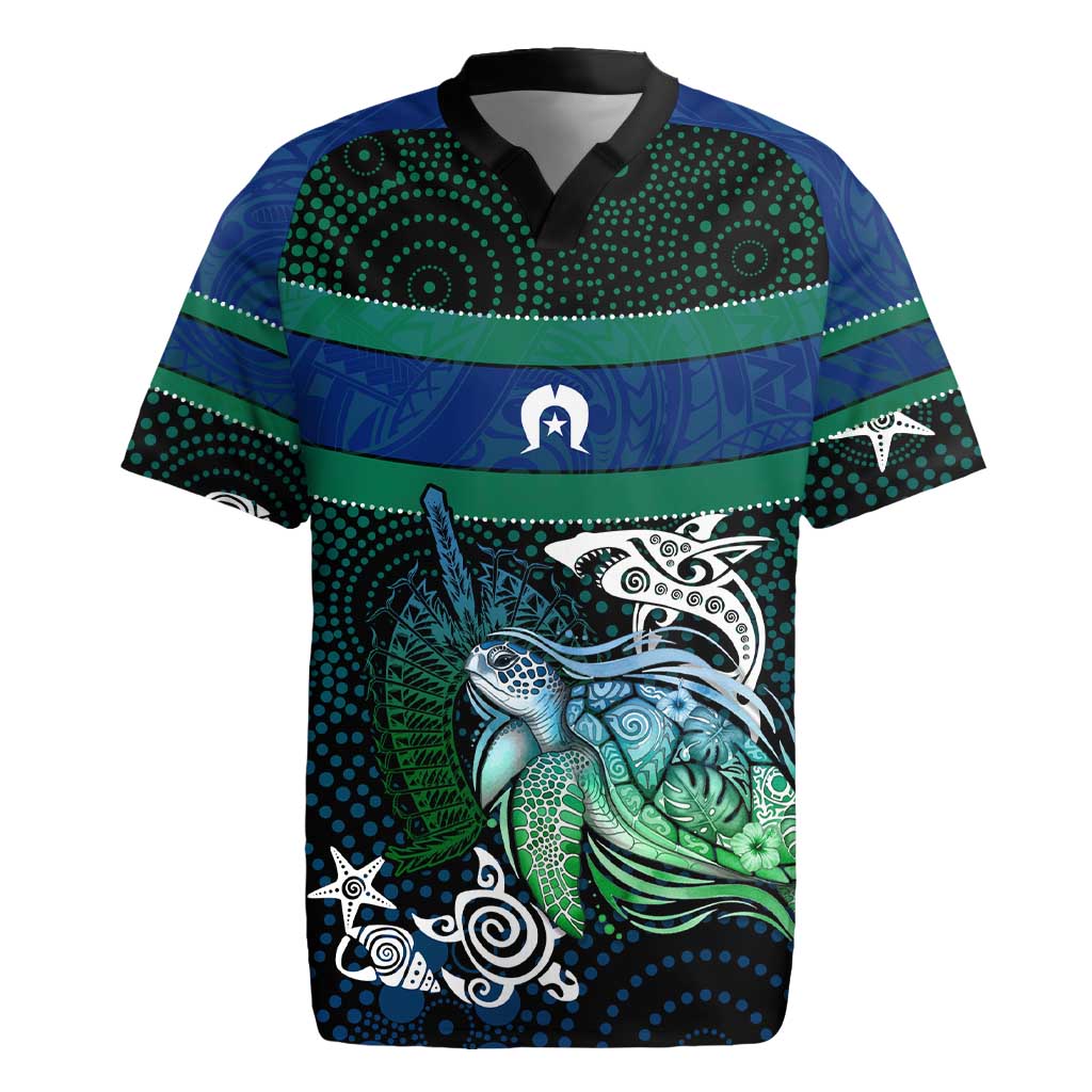 Torres Strait Islands Sea Turtle and Dhari Rugby Jersey Oceanic Indigenous Dotwork Tribal Illustration