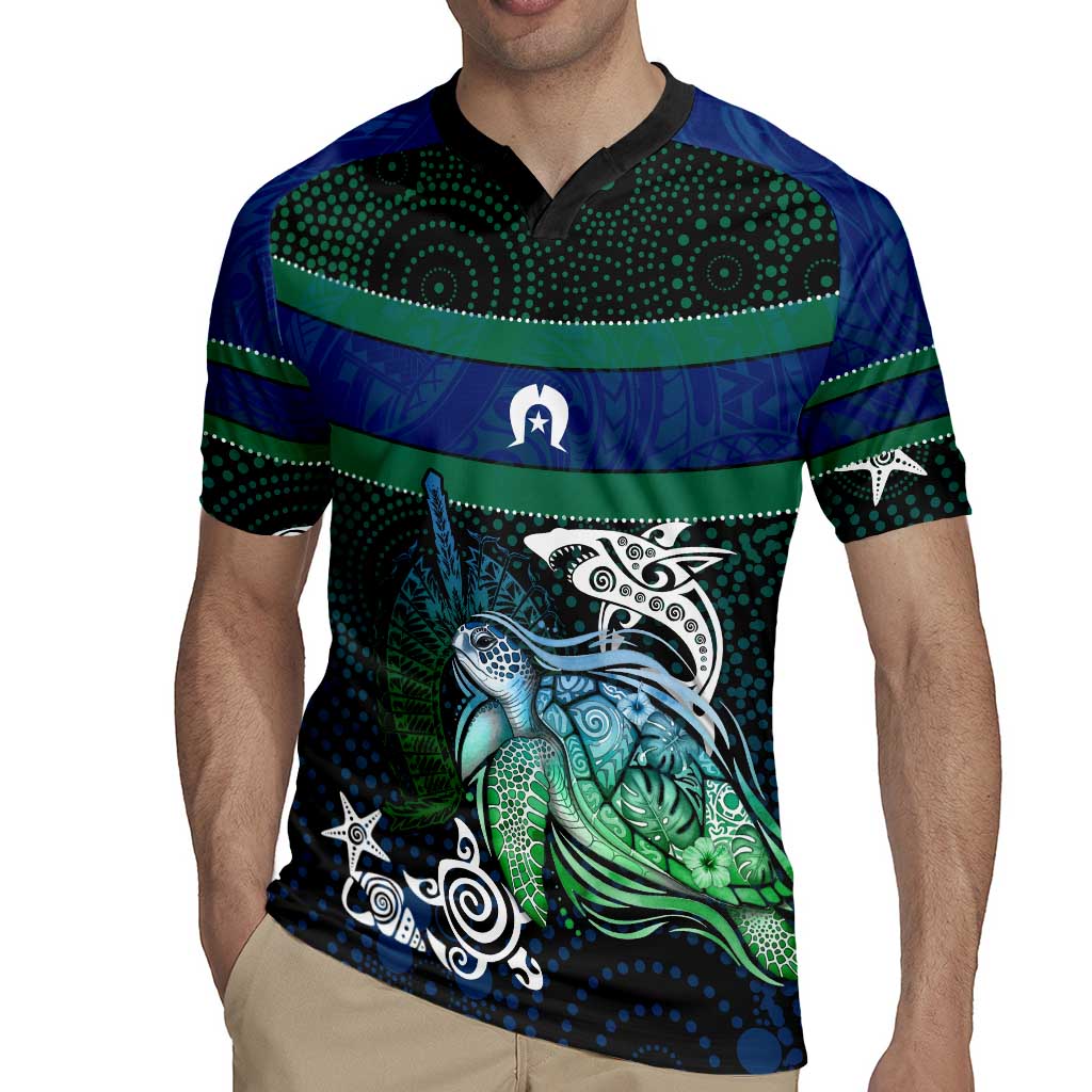 Torres Strait Islands Sea Turtle and Dhari Rugby Jersey Oceanic Indigenous Dotwork Tribal Illustration