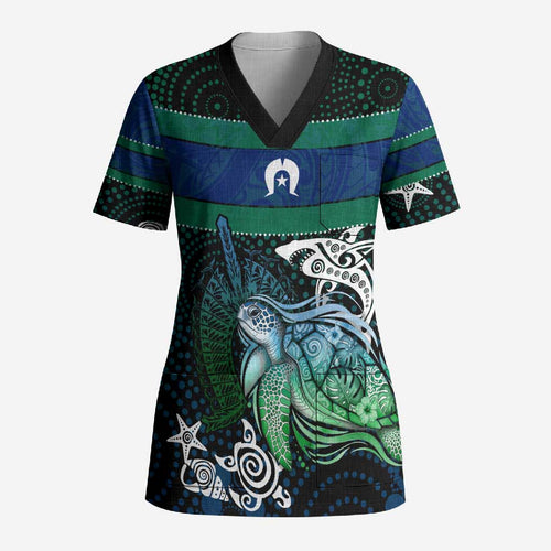 Torres Strait Islands Sea Turtle and Dhari Scrub Top Oceanic Indigenous Dotwork Tribal Illustration