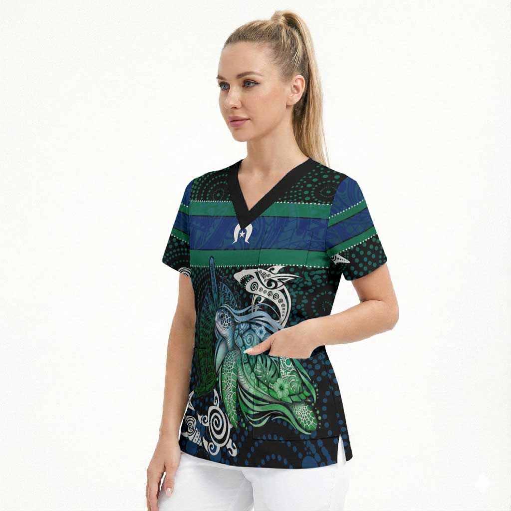 Torres Strait Islands Sea Turtle and Dhari Scrub Top Oceanic Indigenous Dotwork Tribal Illustration