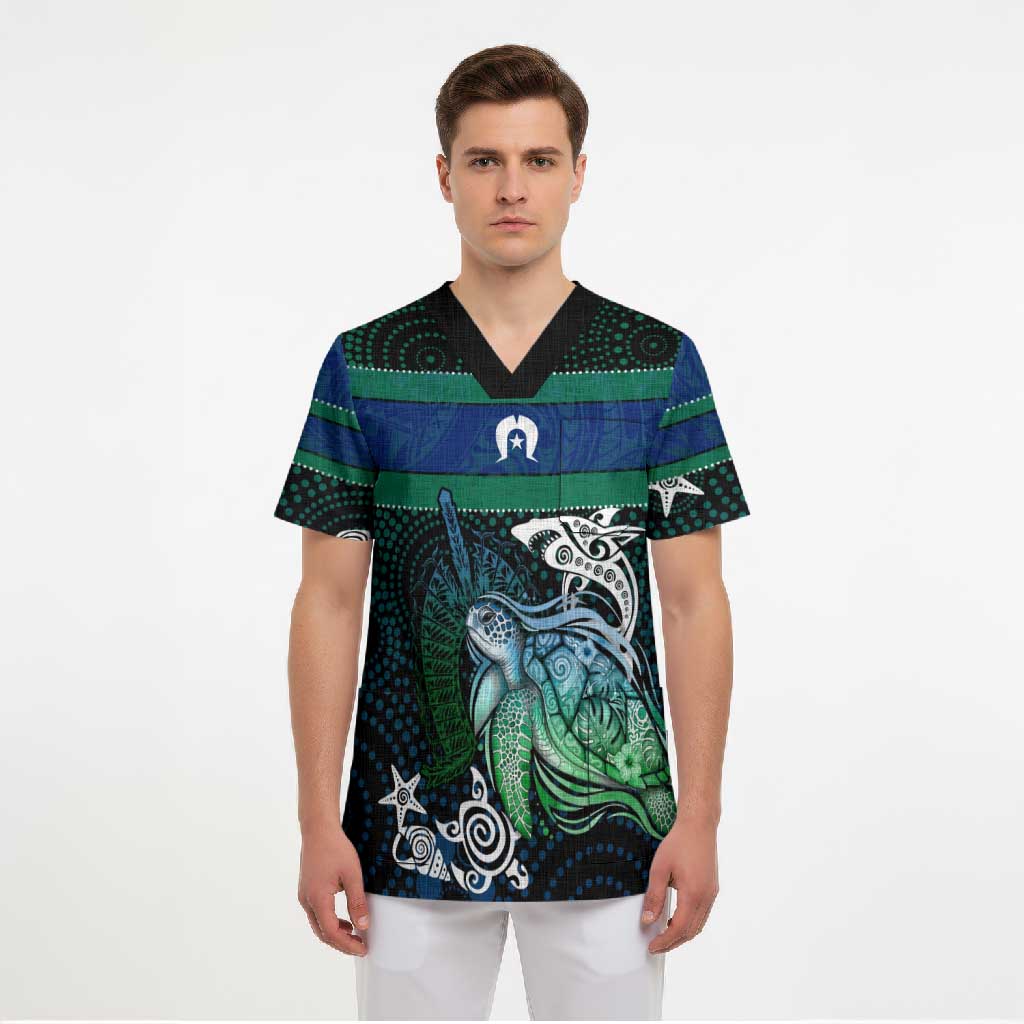 Torres Strait Islands Sea Turtle and Dhari Scrub Top Oceanic Indigenous Dotwork Tribal Illustration