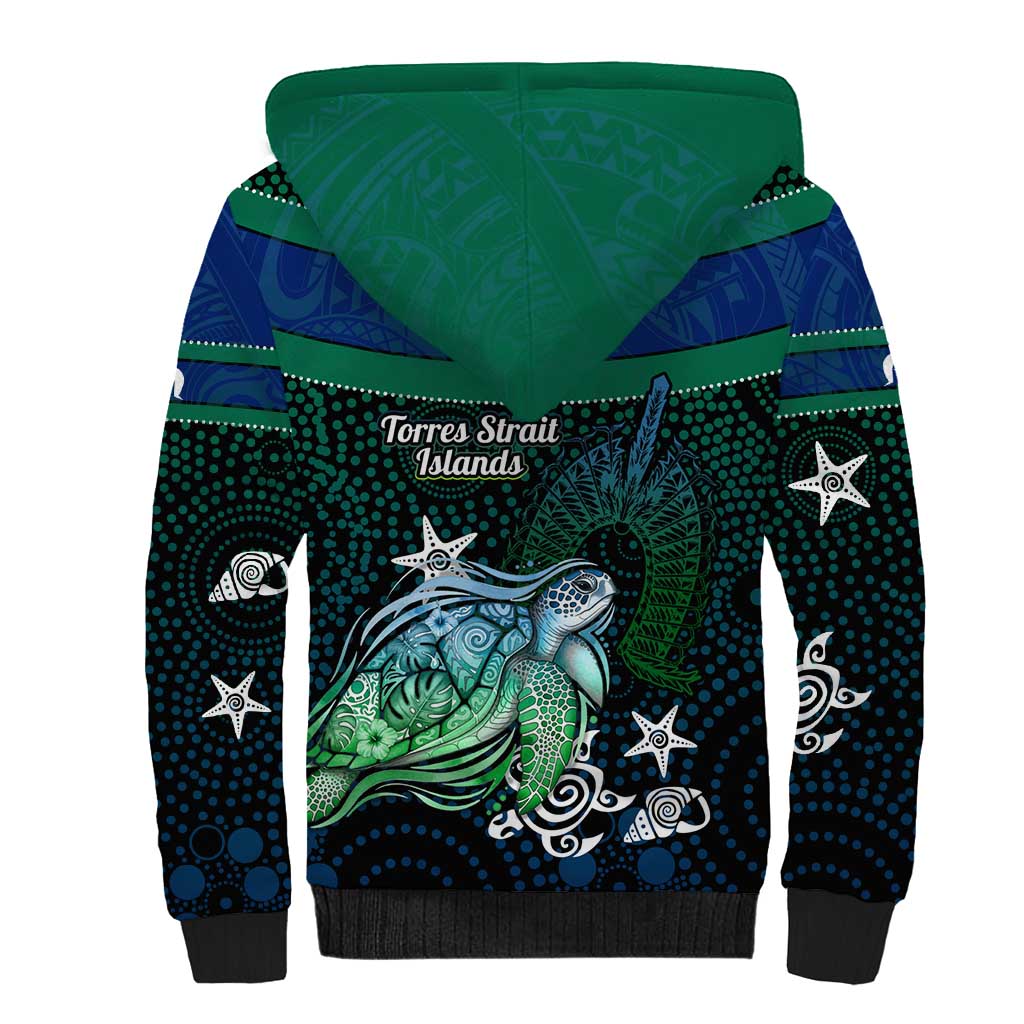 Torres Strait Islands Sea Turtle and Dhari Sherpa Hoodie Oceanic Indigenous Dotwork Tribal Illustration