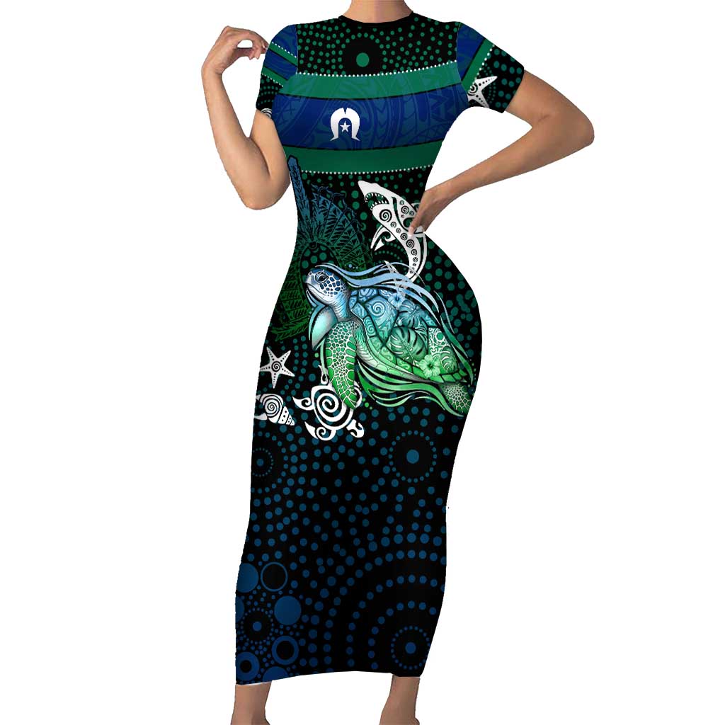 Torres Strait Islands Sea Turtle and Dhari Short Sleeve Bodycon Dress Oceanic Indigenous Dotwork Tribal Illustration