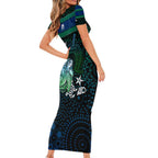 Torres Strait Islands Sea Turtle and Dhari Short Sleeve Bodycon Dress Oceanic Indigenous Dotwork Tribal Illustration